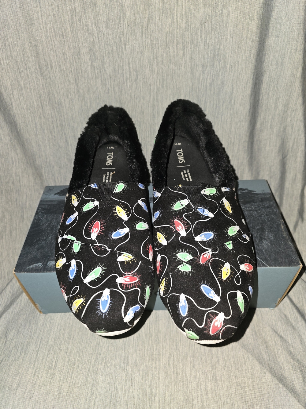 TOMS Black Canvas Flats with Colorful Light Bulb Print